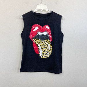 Dark Gray Graphic Muscle Tank with Red Lips and Leopard Tongue
